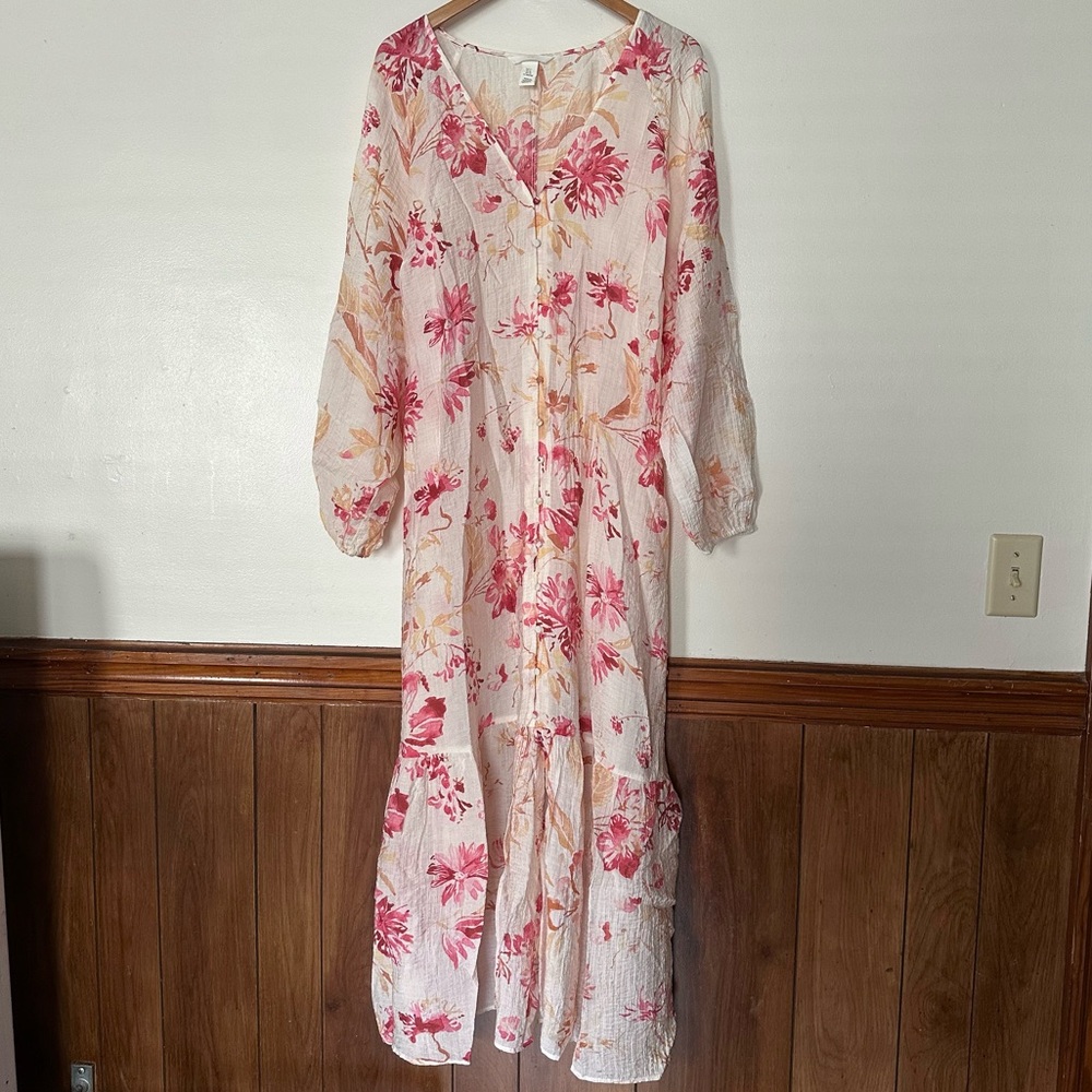 H&M Tie-Belt Crepe Floral Maxi Dress Size XL Balloon Sleeves Beach Coastal Vacay - Picture 2 of 14